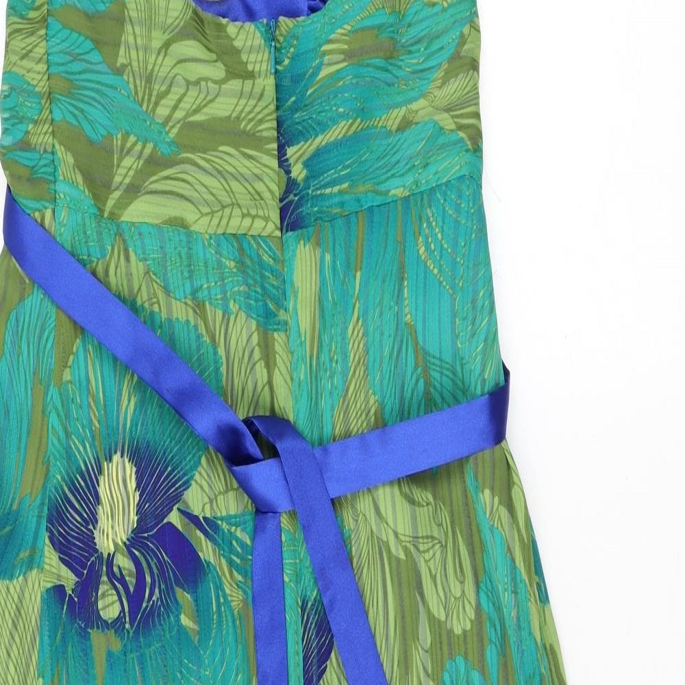Brand and care label for Principles women’s green geometric polyester a-line, size UK 8, halter zip