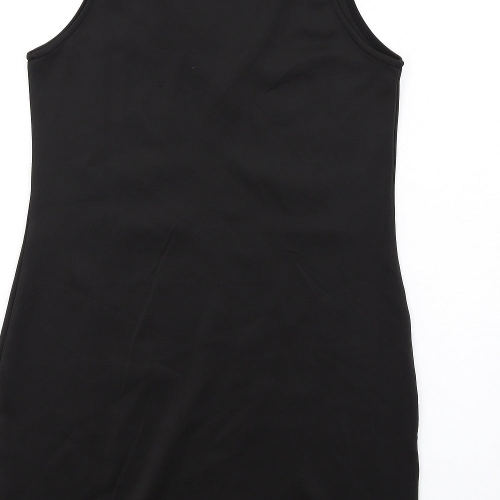 Brand and care label for Missguided women’s black polyester bodycon, size UK 10, mock neck pullover - keyhole neck