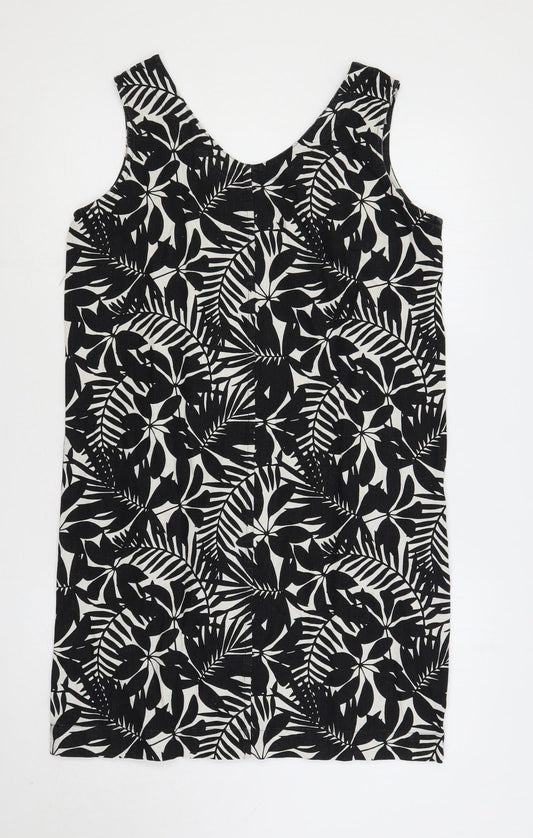 Amara Reya Womens Black Floral Linen Shift Size 12 V-Neck Pullover
