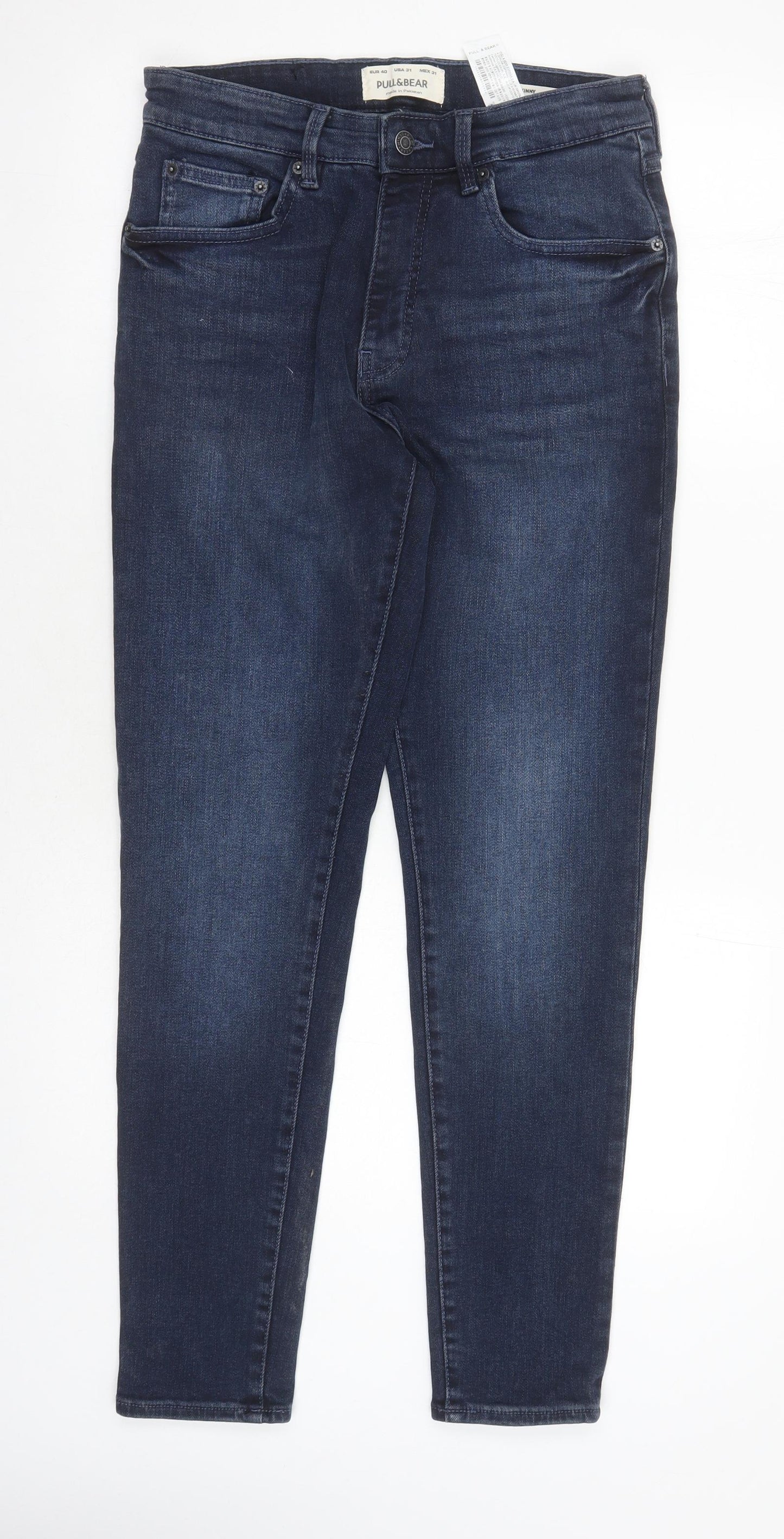 Pull&Bear Mens Blue Cotton Skinny Jeans Size 30 in L30 in Regular Zip