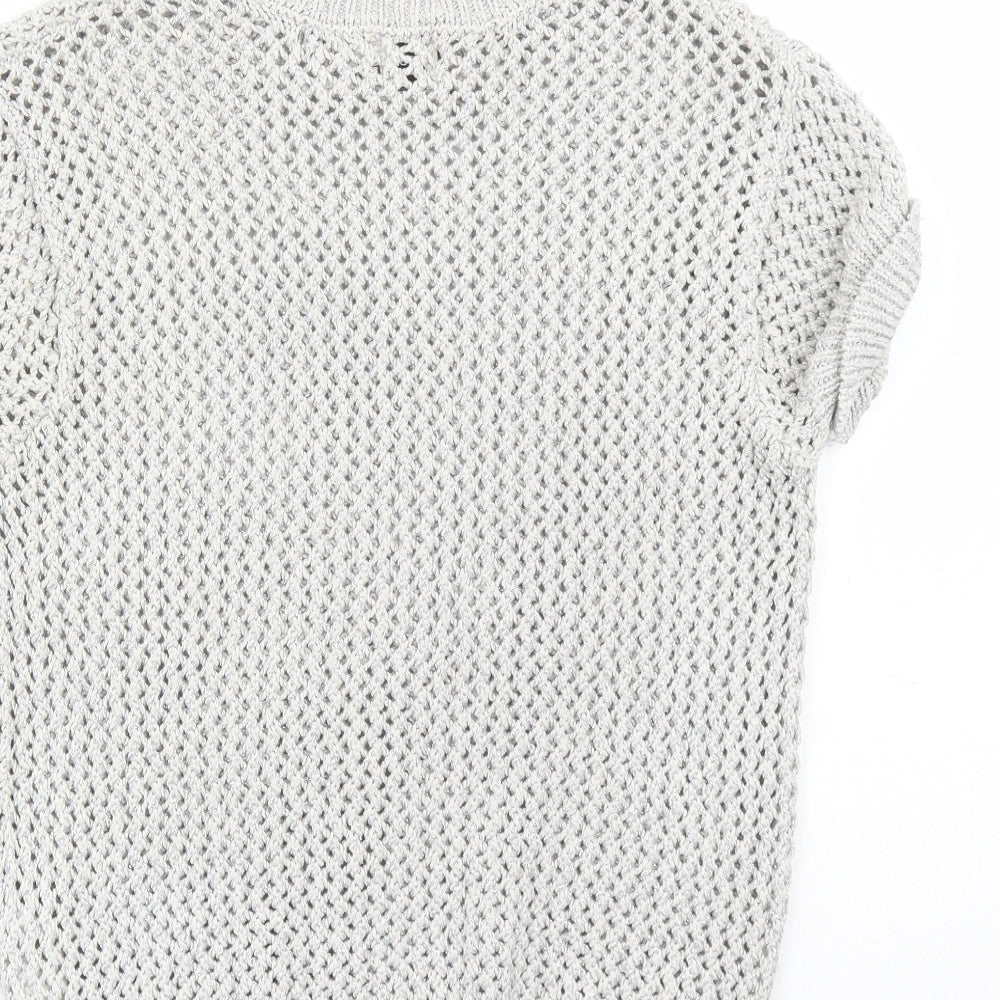 Brand and care label for ASOS women’s silver round neck cotton jumper, size UK 8