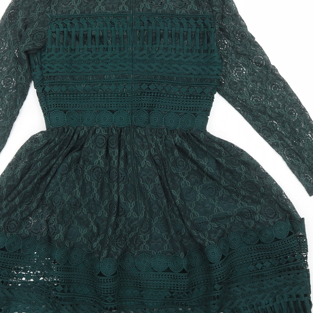 Brand and care label for ASOS women’s green polyamide fit & flare, size UK 6, round neck zip