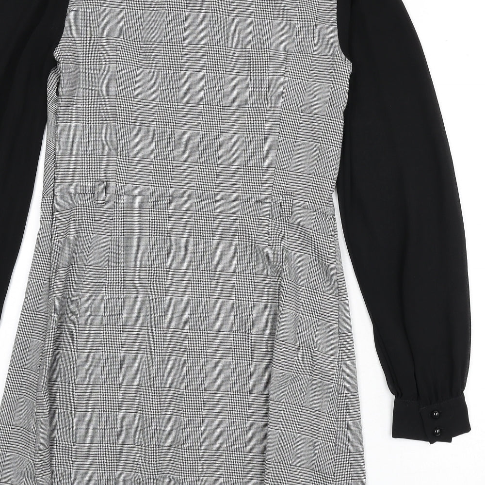 Brand and care label for Miss Selfridge women’s black houndstooth polyester a-line, collared zip - keyhole cut out