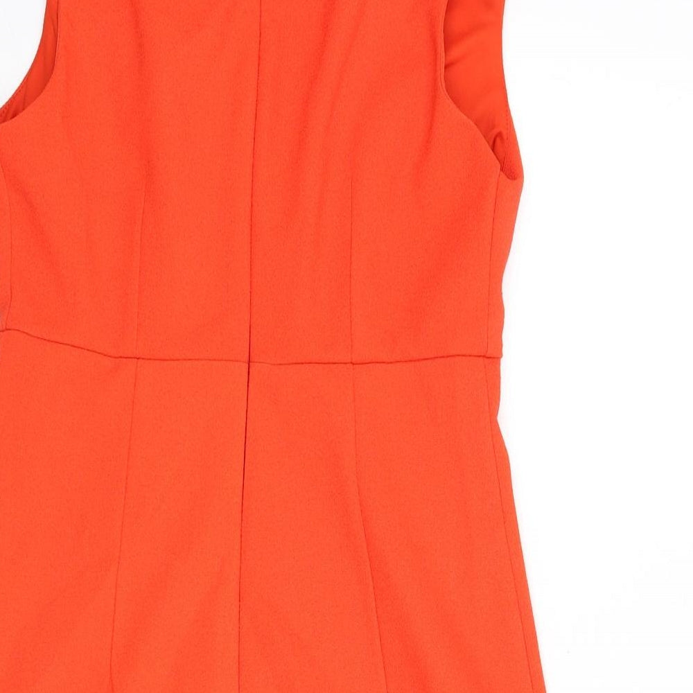 Brand and care label for ASOS women’s orange polyester a-line, size UK 10, sweetheart zip