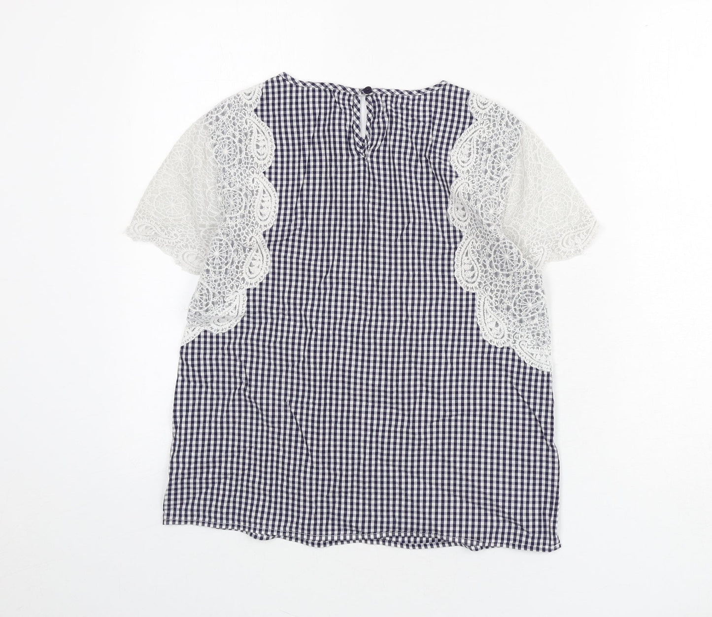 Jack Wills Womens Blue Check Cotton Basic Blouse Size 10 Round Neck - Lace Sleeves