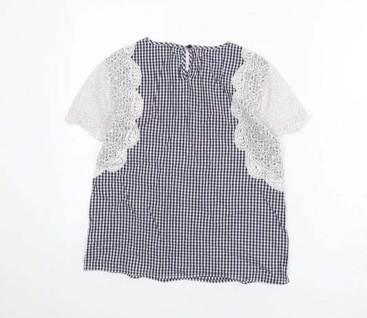Jack Wills Womens Blue Check Cotton Basic Blouse Size 10 Round Neck - Lace Sleeves