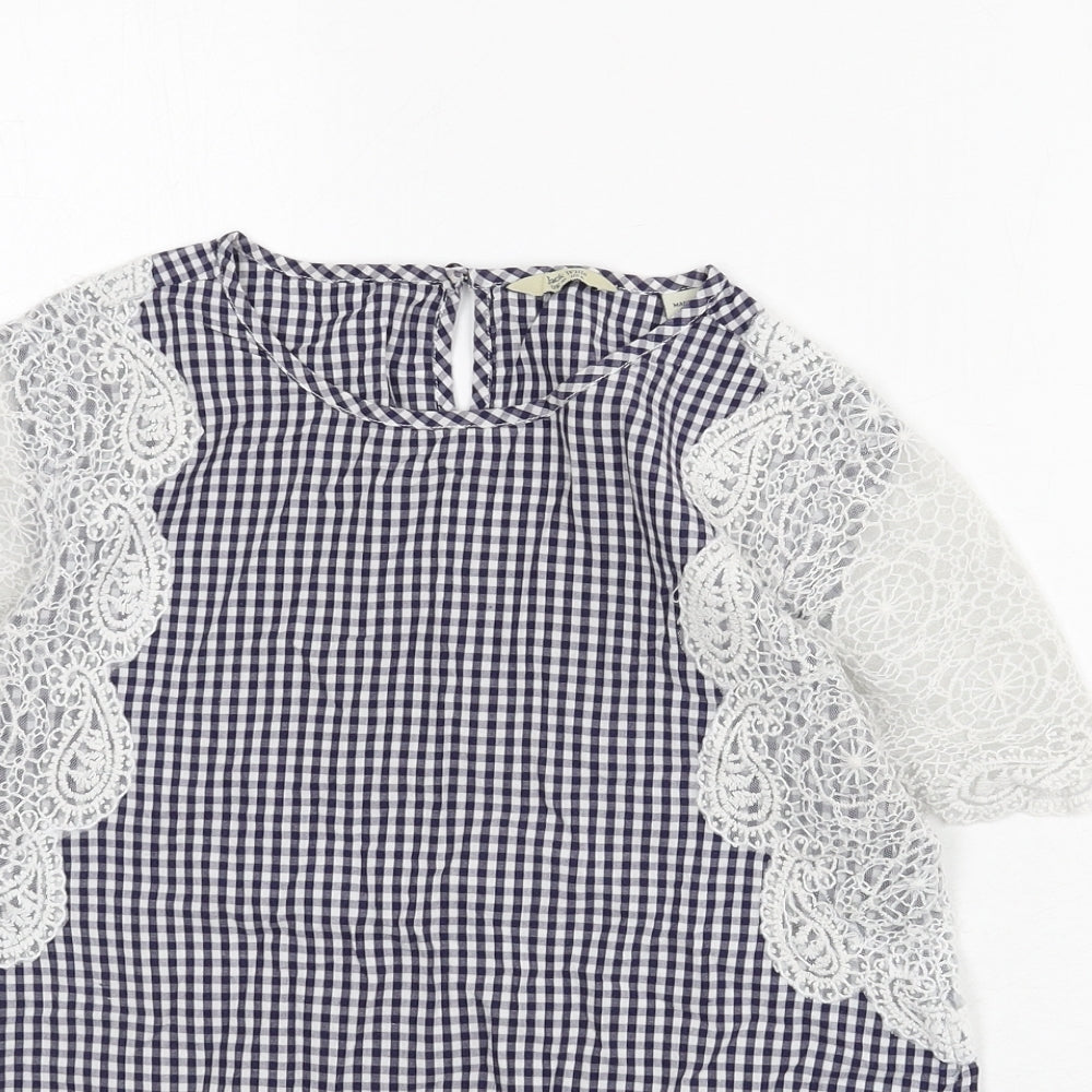 Jack Wills Womens Blue Check Cotton Basic Blouse Size 10 Round Neck - Lace Sleeves