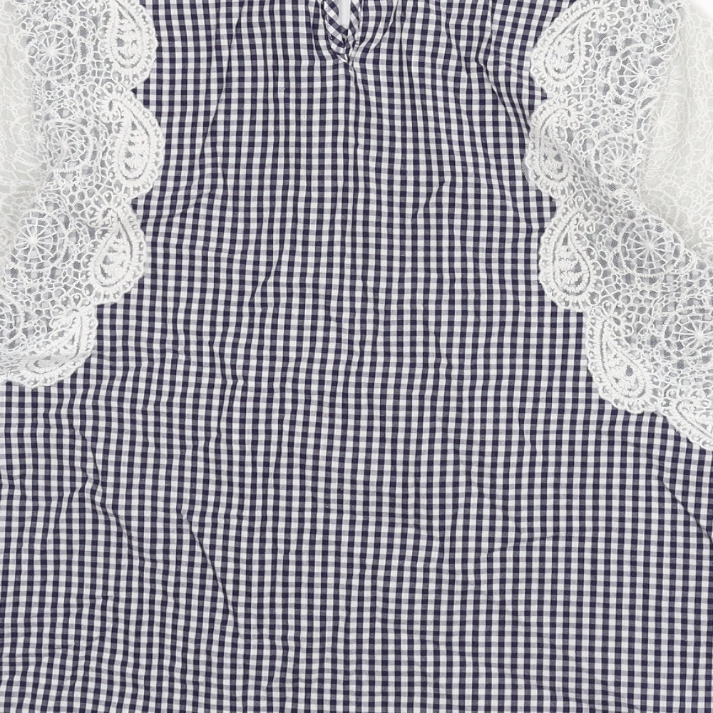 Jack Wills Womens Blue Check Cotton Basic Blouse Size 10 Round Neck - Lace Sleeves