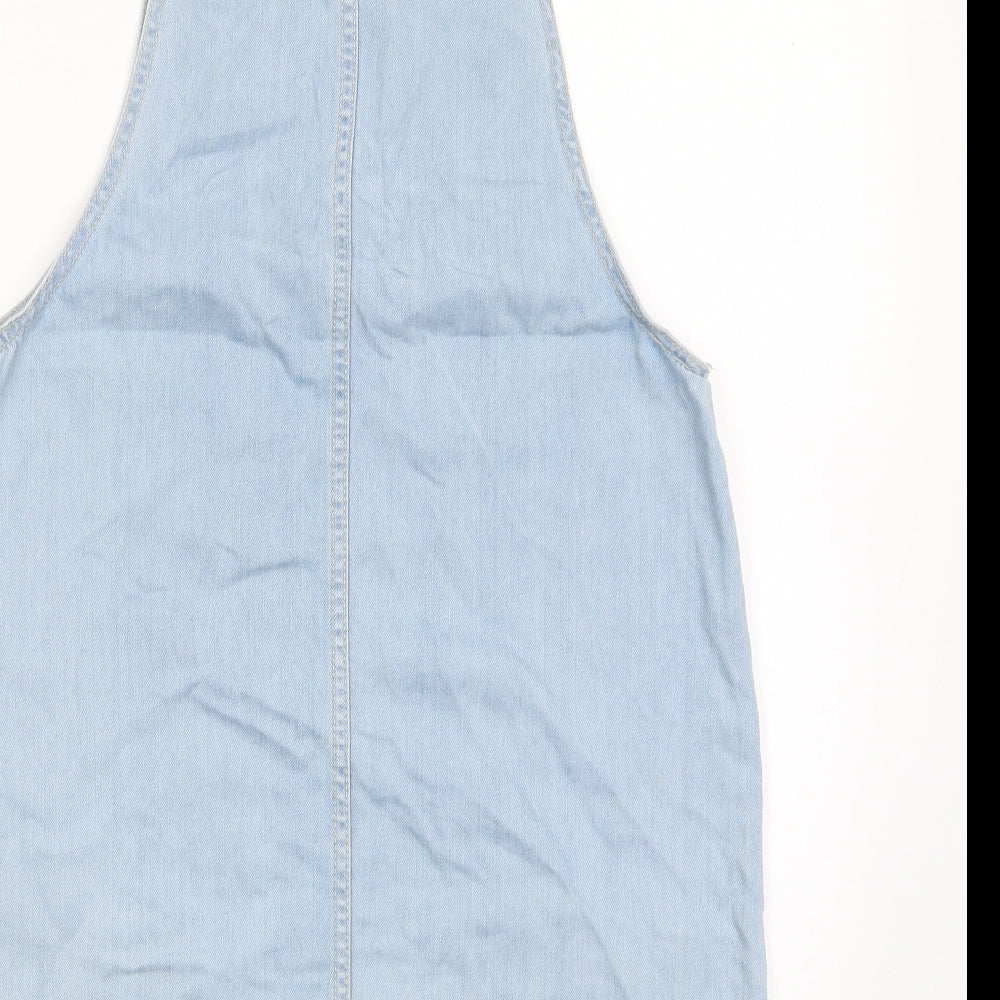 Brand and care label for Denim & Co. women’s blue cotton pinafore/dungaree dress, size UK 12, scoop neck button - pocket