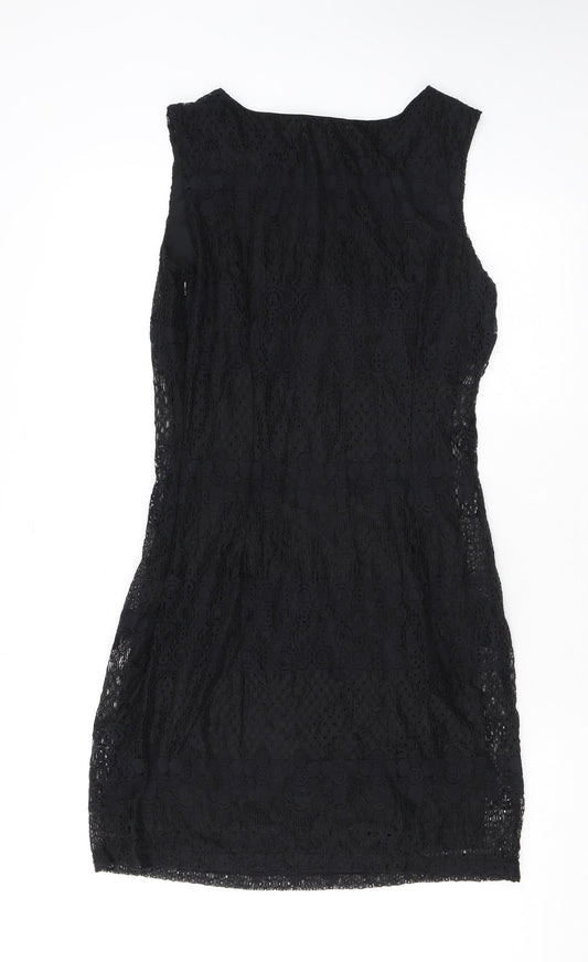 Pinky Womens Black Geometric Cotton Pencil Dress Size S Boat Neck Pullover - Lace