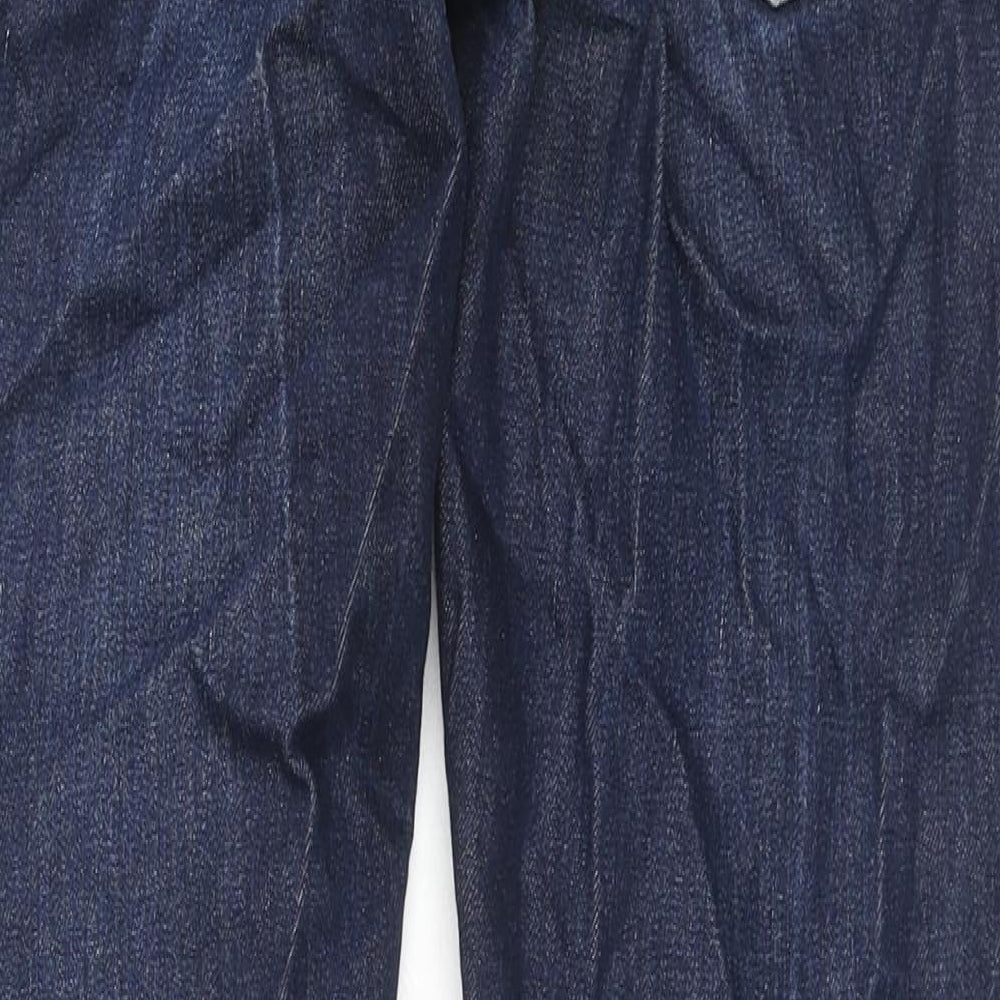 Brand and care label for Easy women’s blue cotton skinny jeans, size UK 34, in, 28-inch leg regular zip