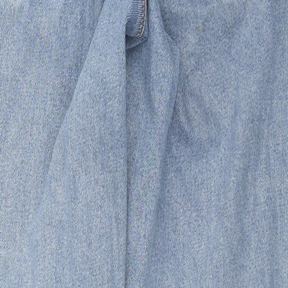 Brand and care label for ASOS men’s blue cotton straight jeans, size 32, in, 34-inch leg regular zip