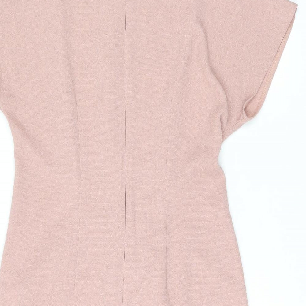 Brand and care label for ASOS women’s pink polyester shift, size UK 12, boat neck zip