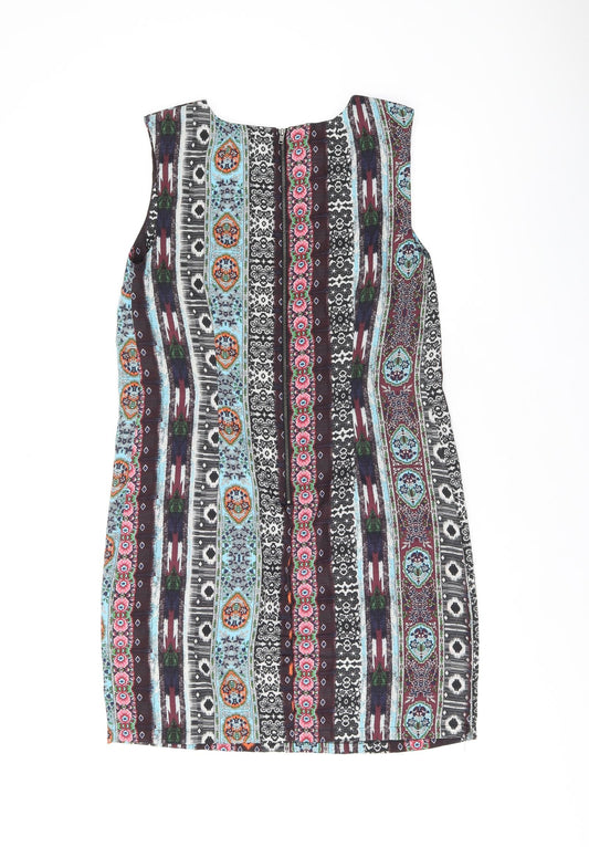 Warehouse Womens Brown Floral Polyester Shift Size 10 Boat Neck Zip