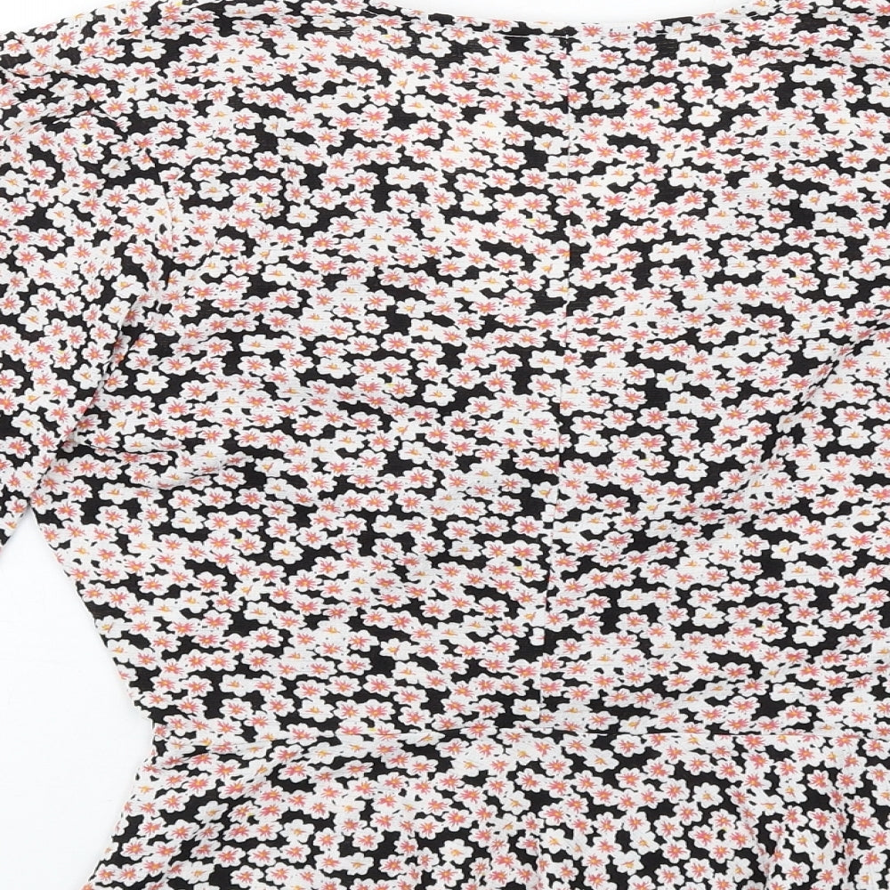 Brand and care label for Miss Selfridge women’s multicoloured floral polyester basic t-shirt, size UK 8, v-neck - twist front