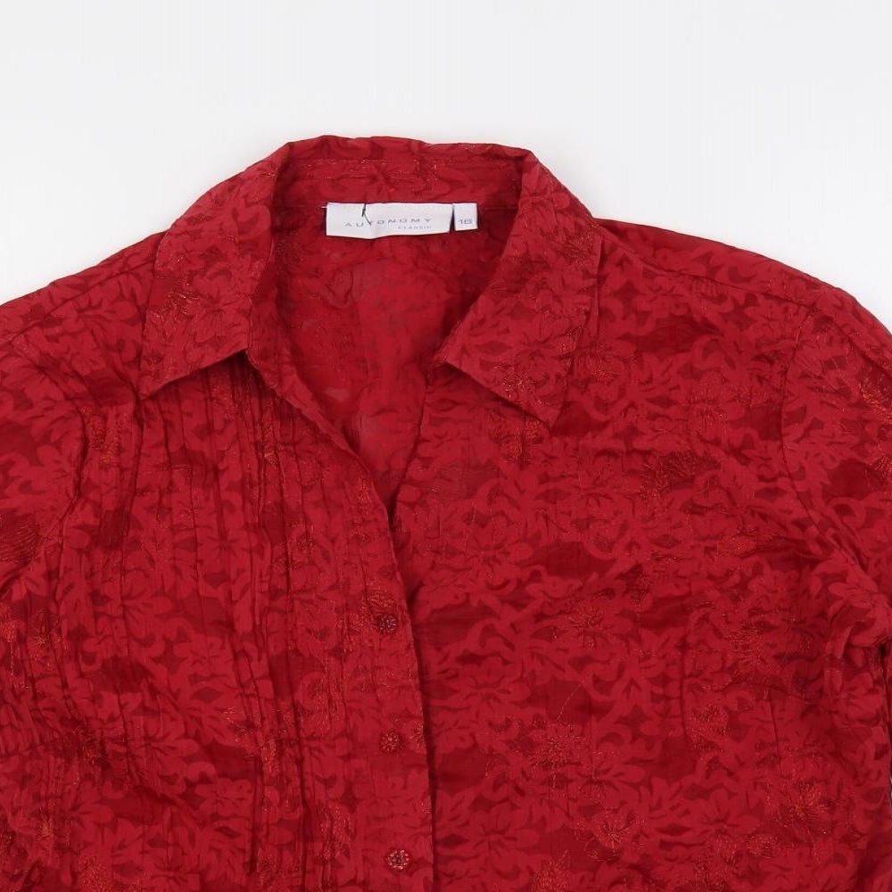 Autonomy Womens Red Floral Polyester Basic Button-Up Size 16 Collared - Embroidered