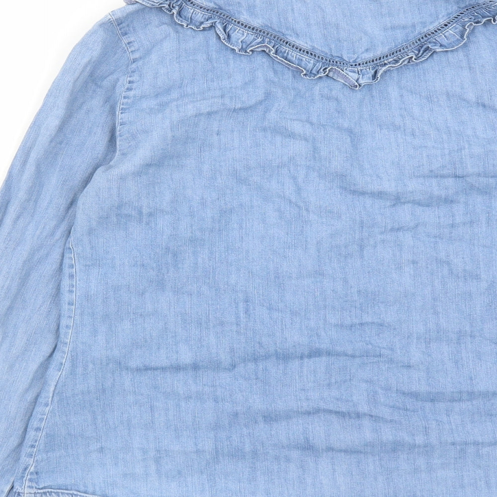 Brand and care label for Red Herring women’s blue cotton basic button-up, size UK 12, collared - ruffles