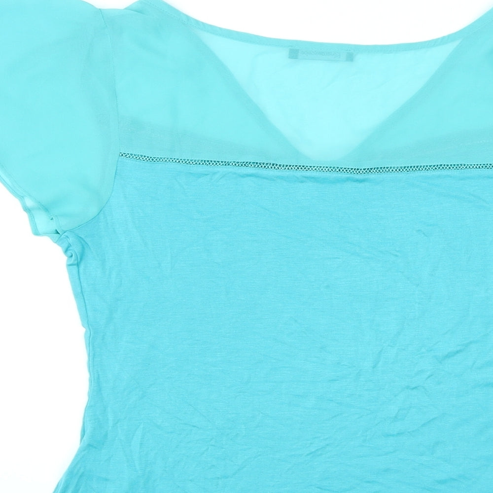 Brand and care label for Kaleidoscope women’s blue viscose basic blouse, size UK 14, v-neck