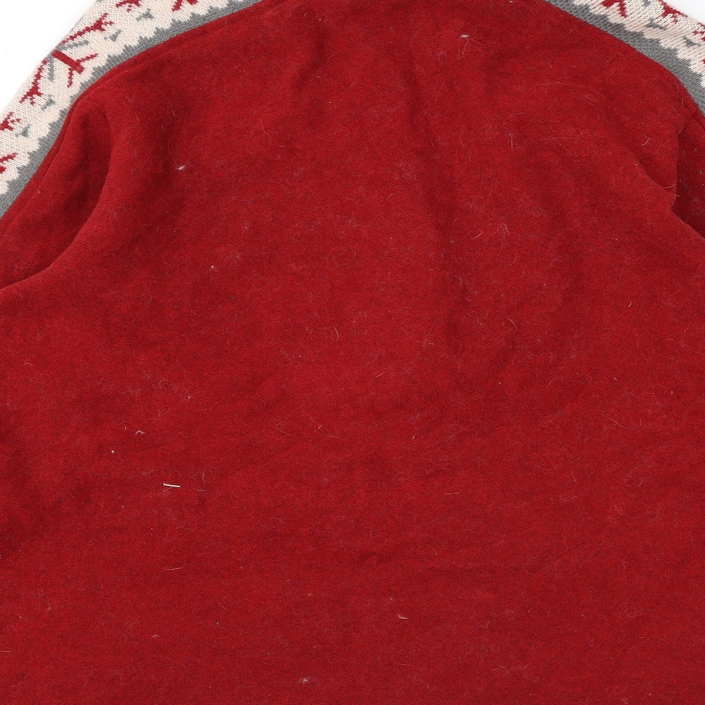 Brand and care label for Woolrich women’s red geometric polyester pullover sweatshirt, size L, zip