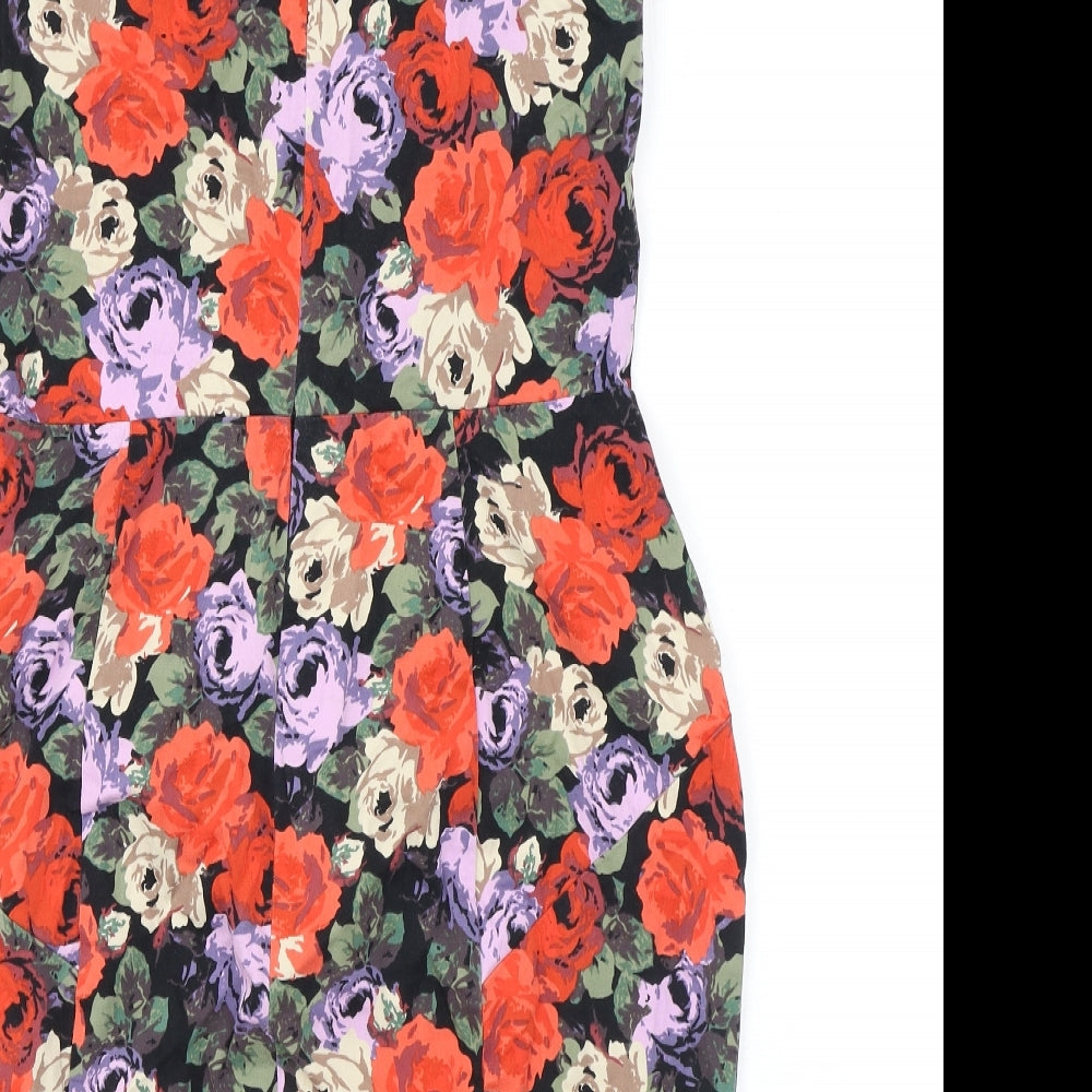 Brand and care label for ASOS women’s multicoloured floral cotton shift, size UK 12, scoop neck zip