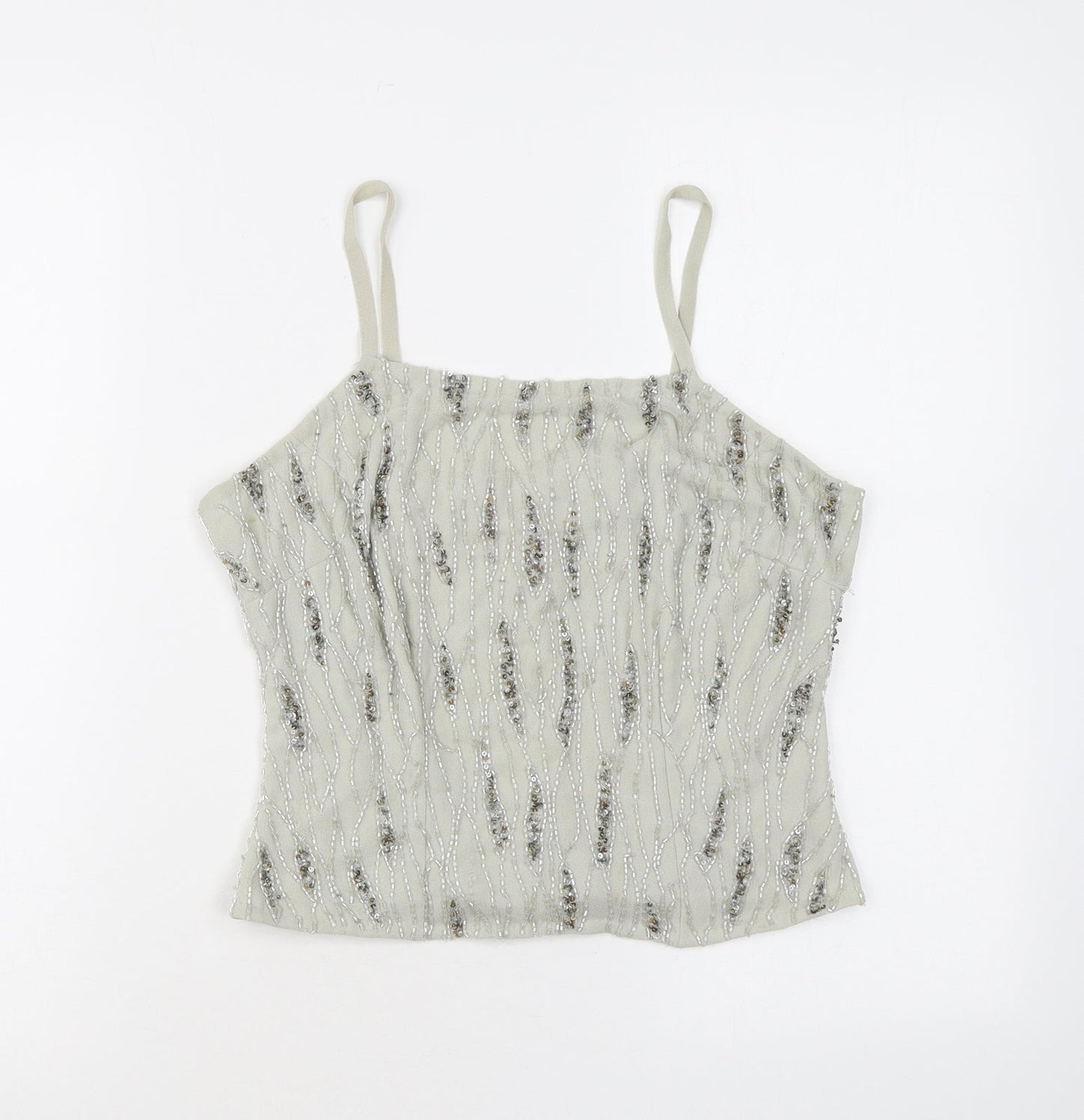 Raishma Womens Grey Geometric Polyester Basic Tank Size 8 Square Neck - Beading, Sequins