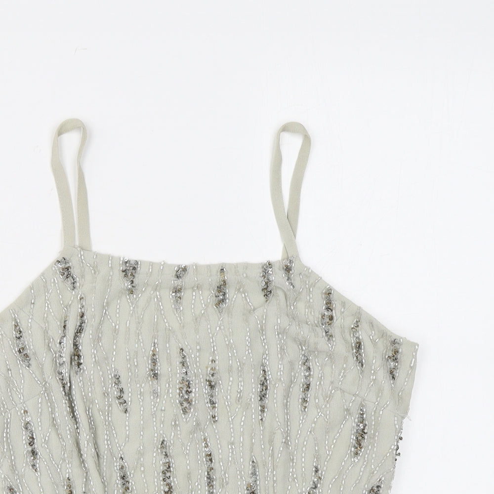 Raishma Womens Grey Geometric Polyester Basic Tank Size 8 Square Neck - Beading, Sequins