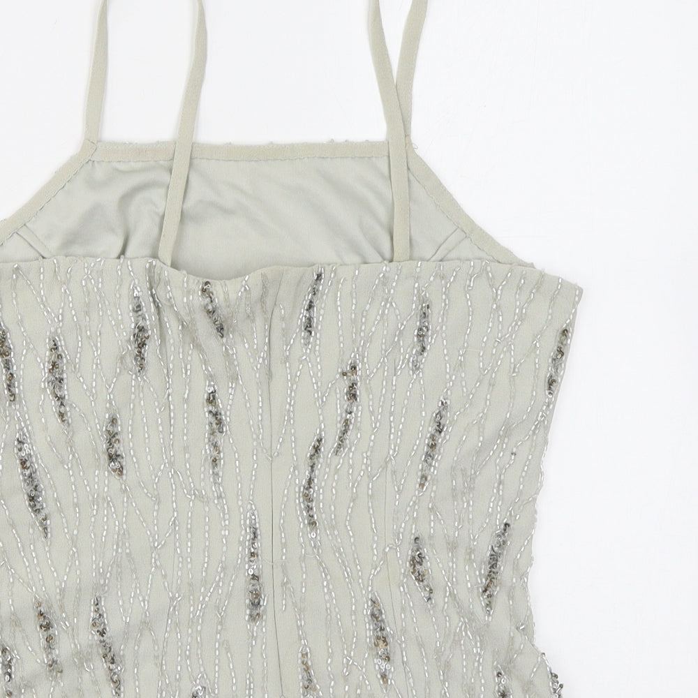 Raishma Womens Grey Geometric Polyester Basic Tank Size 8 Square Neck - Beading, Sequins