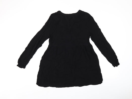 Brave Soul Womens Black Floral Viscose Basic Blouse Size S V-Neck - Embroidered Flowers