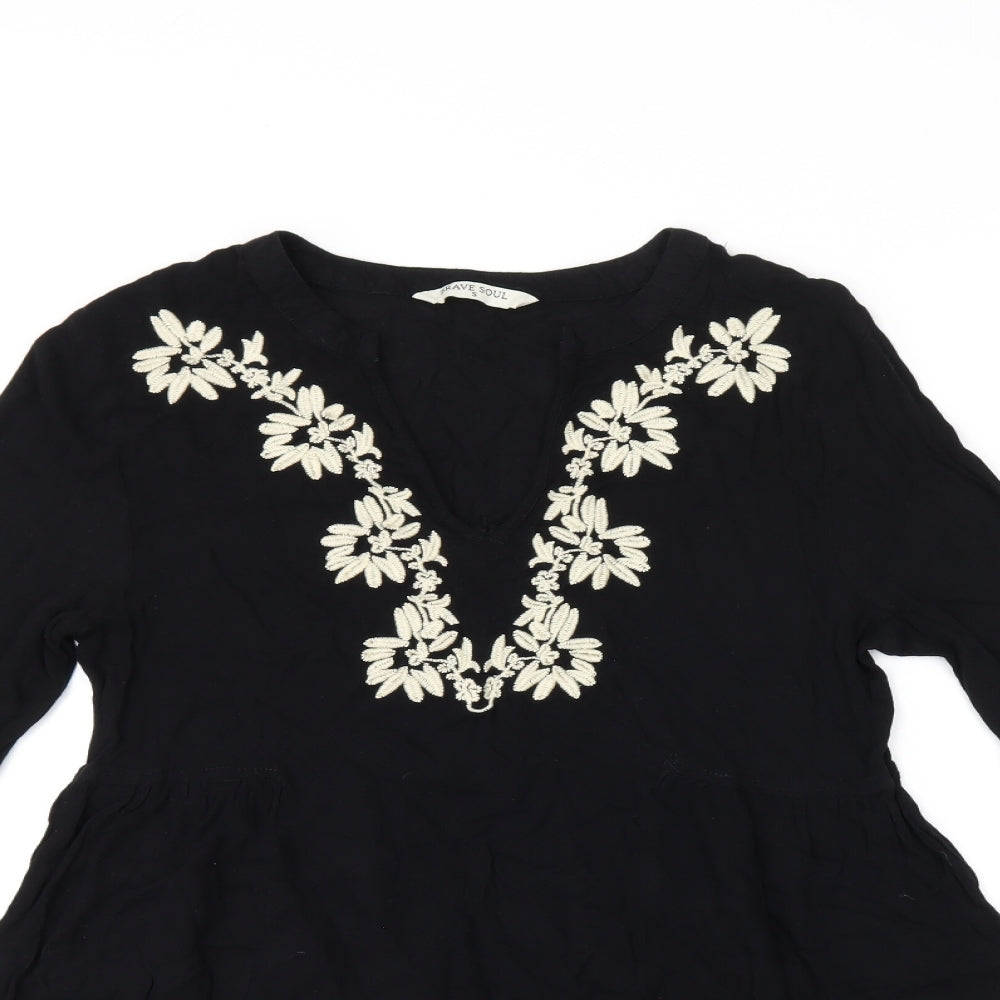 Brave Soul Womens Black Floral Viscose Basic Blouse Size S V-Neck - Embroidered Flowers