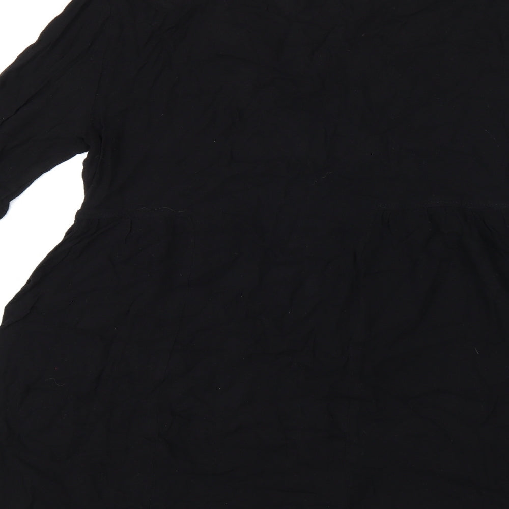 Brave Soul Womens Black Floral Viscose Basic Blouse Size S V-Neck - Embroidered Flowers