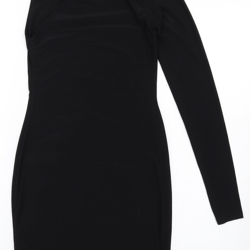 Brand and care label for Club L women’s black polyester bodycon, size UK 8, one shoulder pullover - asymmetric neckline