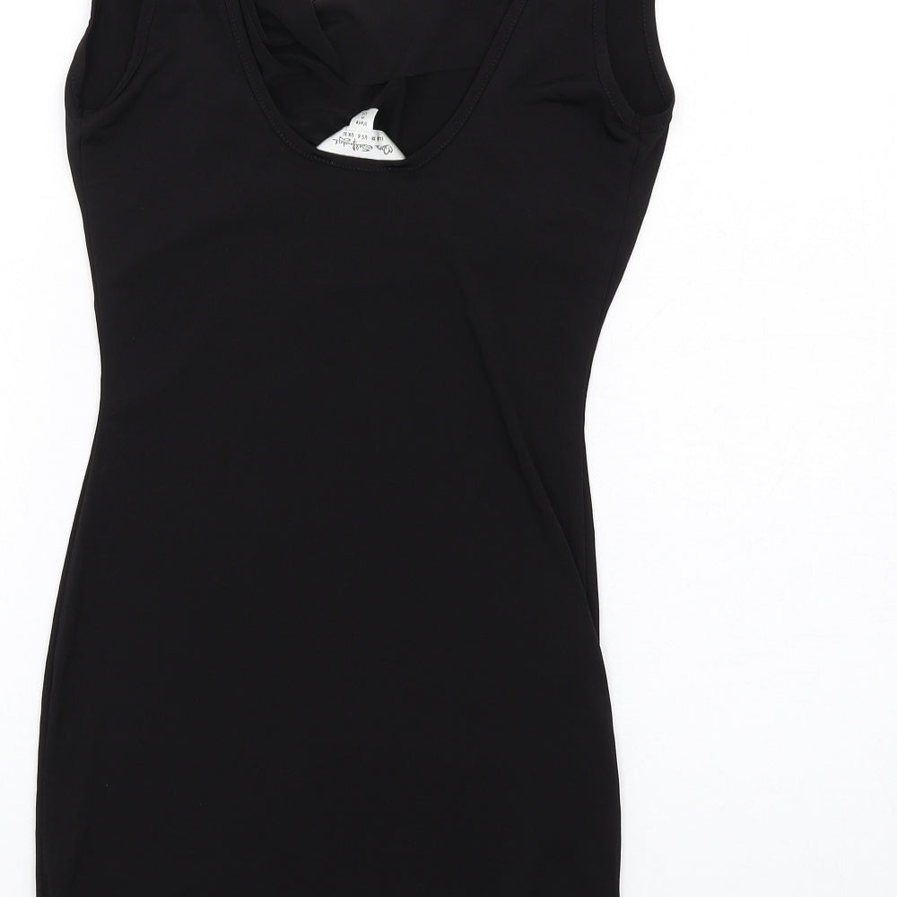Brand and care label for Miss Selfridge women’s black polyester mini, size UK 10, cowl neck pullover
