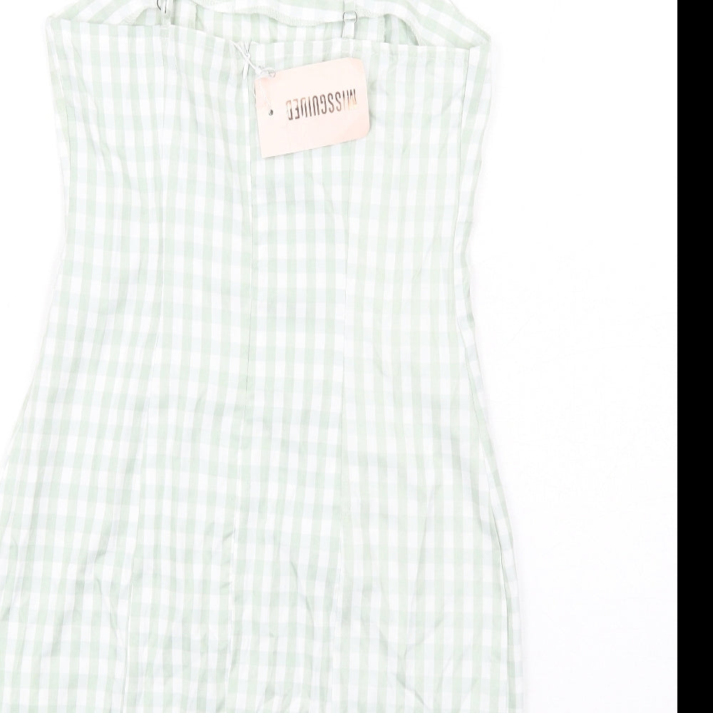 Brand and care label for Missguided women’s green check cotton mini, size UK 8, square neck zip
