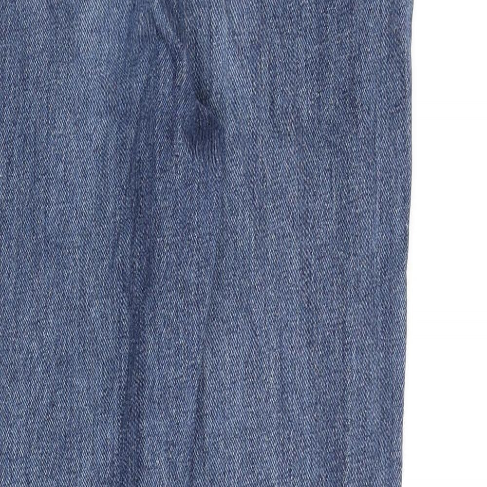 Brand and care label for Denim & Co. women’s blue cotton mom jeans, size UK 8, 30-inch leg regular zip