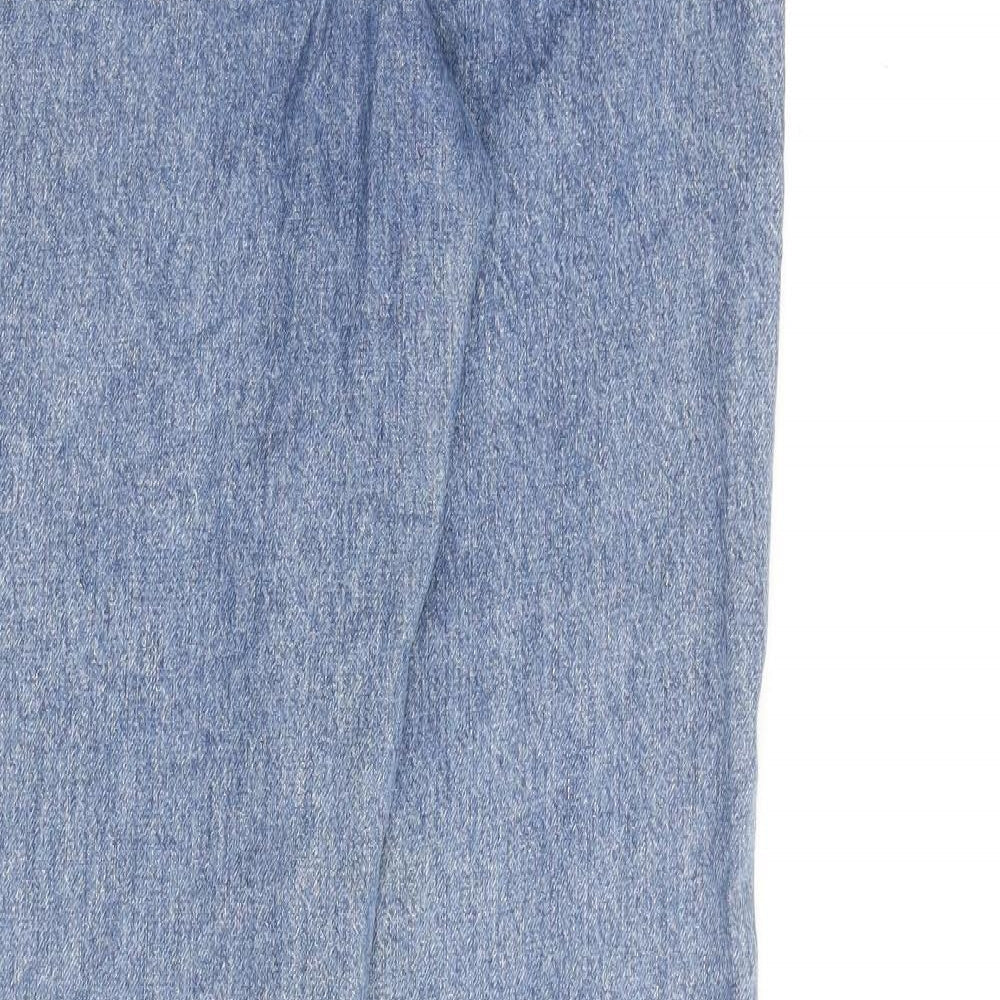 Brand and care label for BDG women’s blue cotton straight jeans, size UK 28, in, 32-inch leg regular button