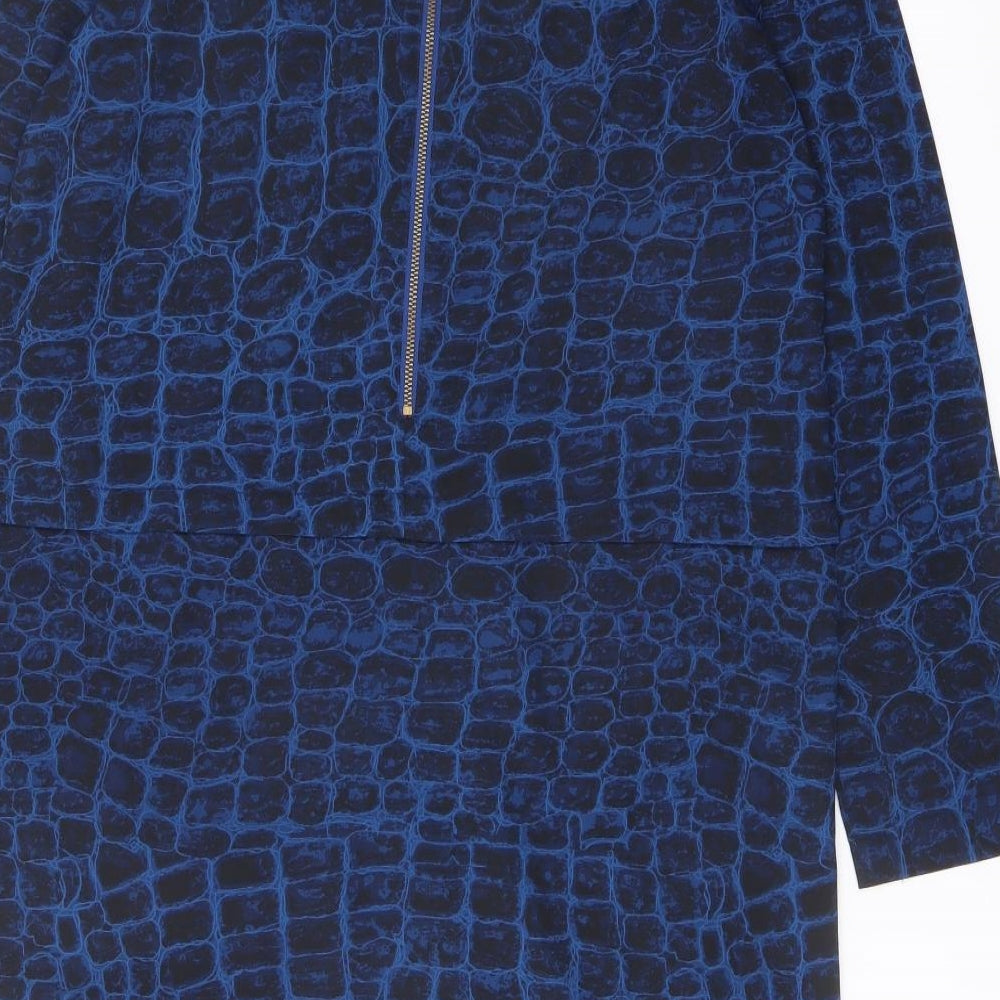 Brand and care label for French Connection women’s blue geometric polyester sheath, size UK 10, crew neck zip