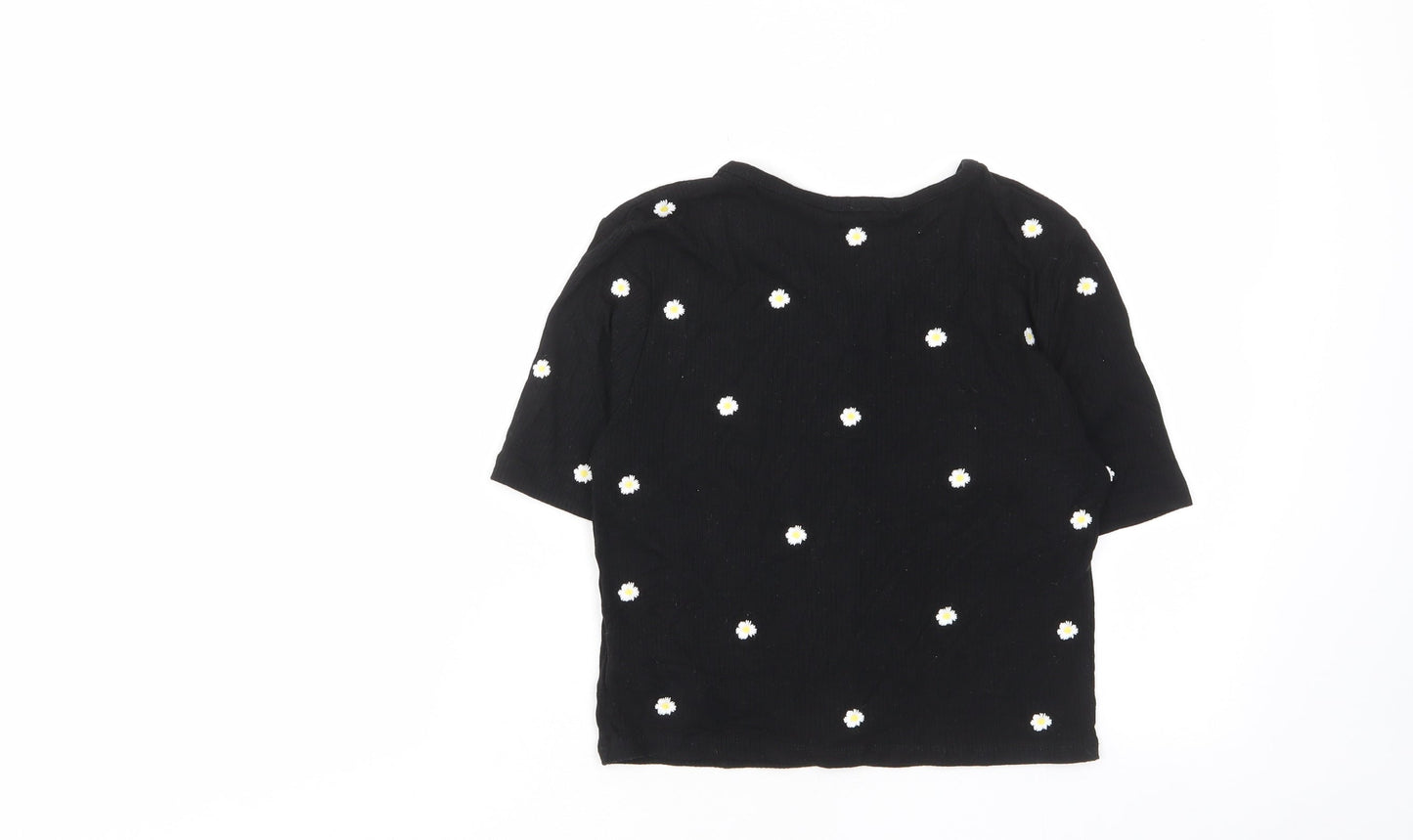 Stradivarius Womens Black Floral Viscose Cropped T-Shirt Size S V-Neck - Buttons, Embroided