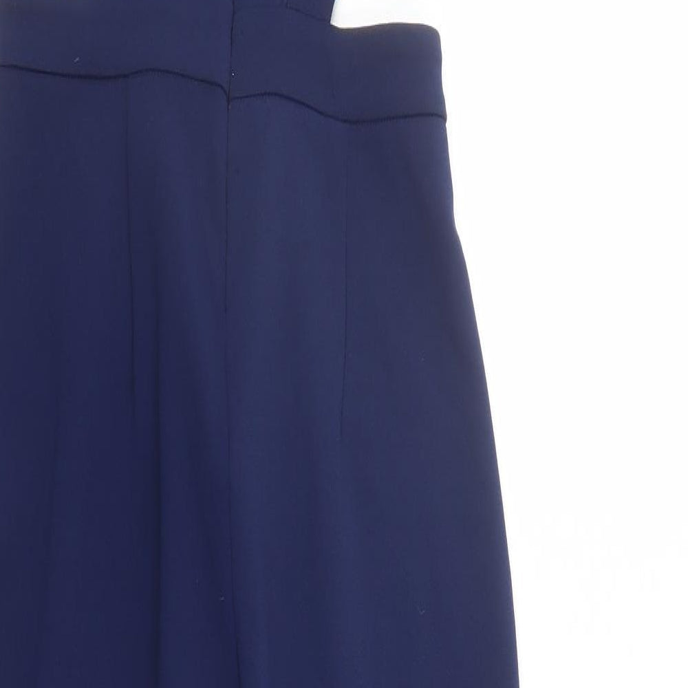 Brand and care label for ASOS women’s blue polyester playsuit one-piece, size UK 8, 25-inch leg zip