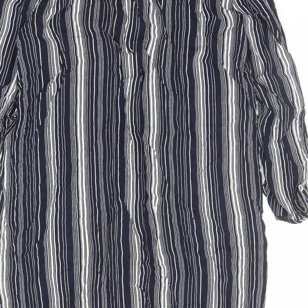 Brand and care label for NET Collection women’s blue striped rayon a-line, size UK 10, v-neck pullover