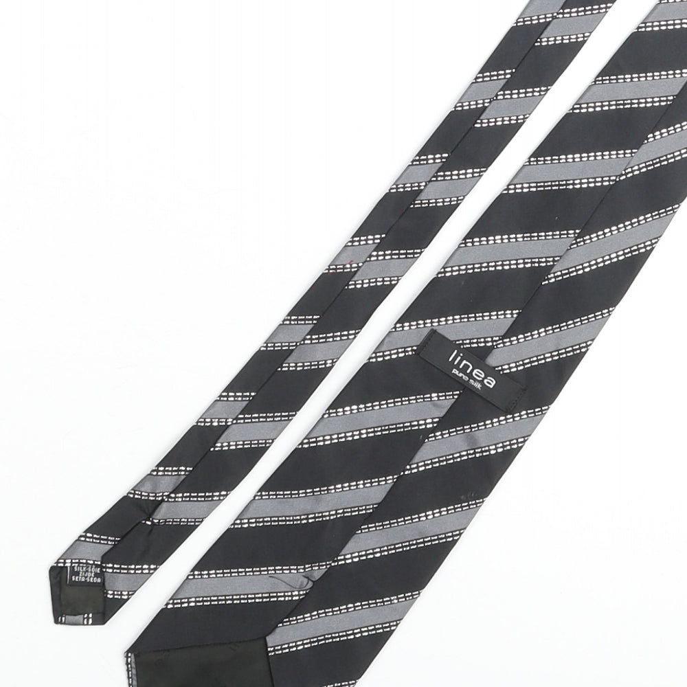 Brand and care label for Linea men’s black striped silk pointed tie one size