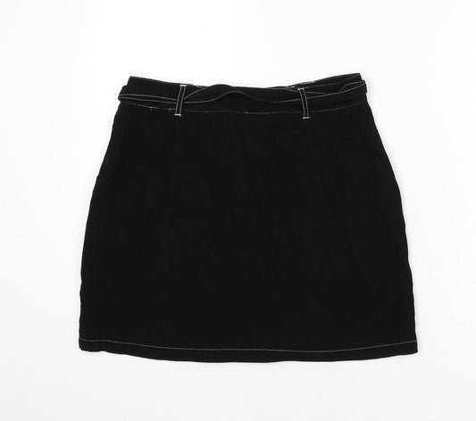 Miss Selfridge Womens Black Viscose A-Line Skirt Size 10 Button - Stitch Detail, Belt Included