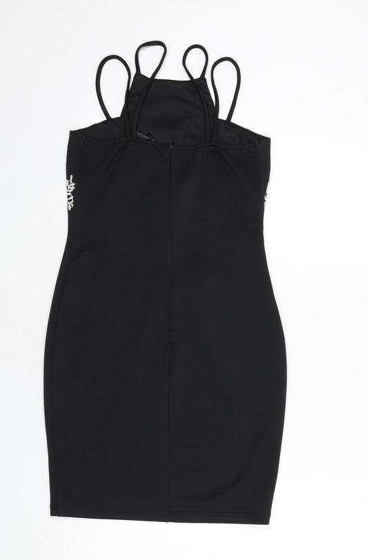 AX Paris Womens Black Polyester Bodycon Size 10 Round Neck Zip - Floral Embroidery