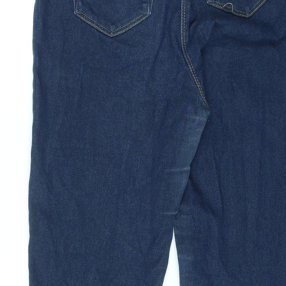 Brand and care label for Papaya women’s blue cotton skinny jeans, size UK 12, 26-inch leg regular zip