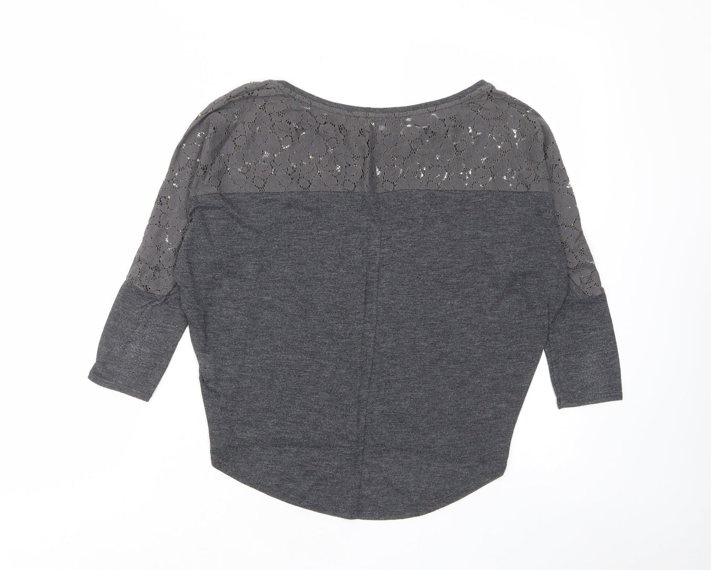 Pull&Bear Womens Grey Polyester Basic T-Shirt Size S Boat Neck - Lace