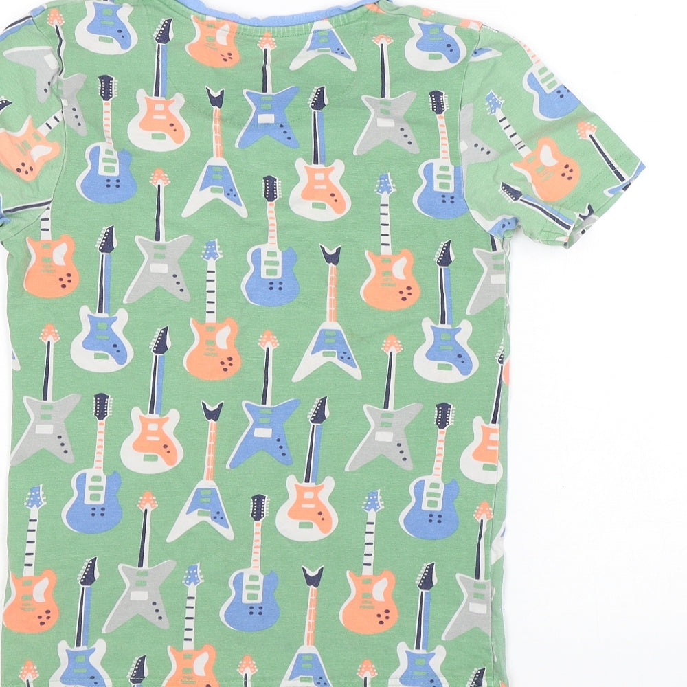 Marks and Spencer Boys Green Geometric Cotton Basic T-Shirt Size 9-10 Years Round Neck Pullover - Guitar