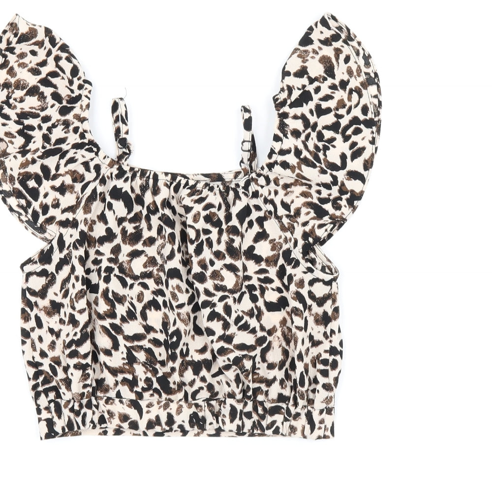Brand and care label for River Island girls’ beige animal print polyester pullover blouse, years off the shoulder pullover
