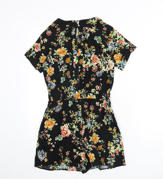 Warehouse Womens Black Floral Viscose Romper One-Piece Size 6 L3 in Button
