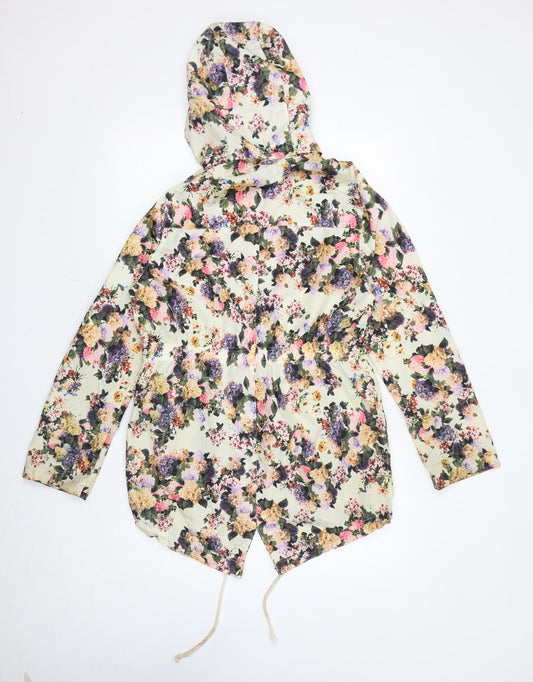 Brave Soul Womens Ivory Floral Rain Coat Coat Size 12 Zip - Hooded