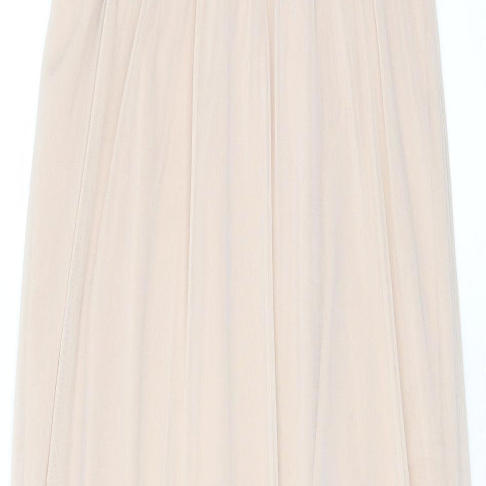Brand and care label for Miss Selfridge women’s beige polyester a-line, size UK 4, v-neck pullover - lace