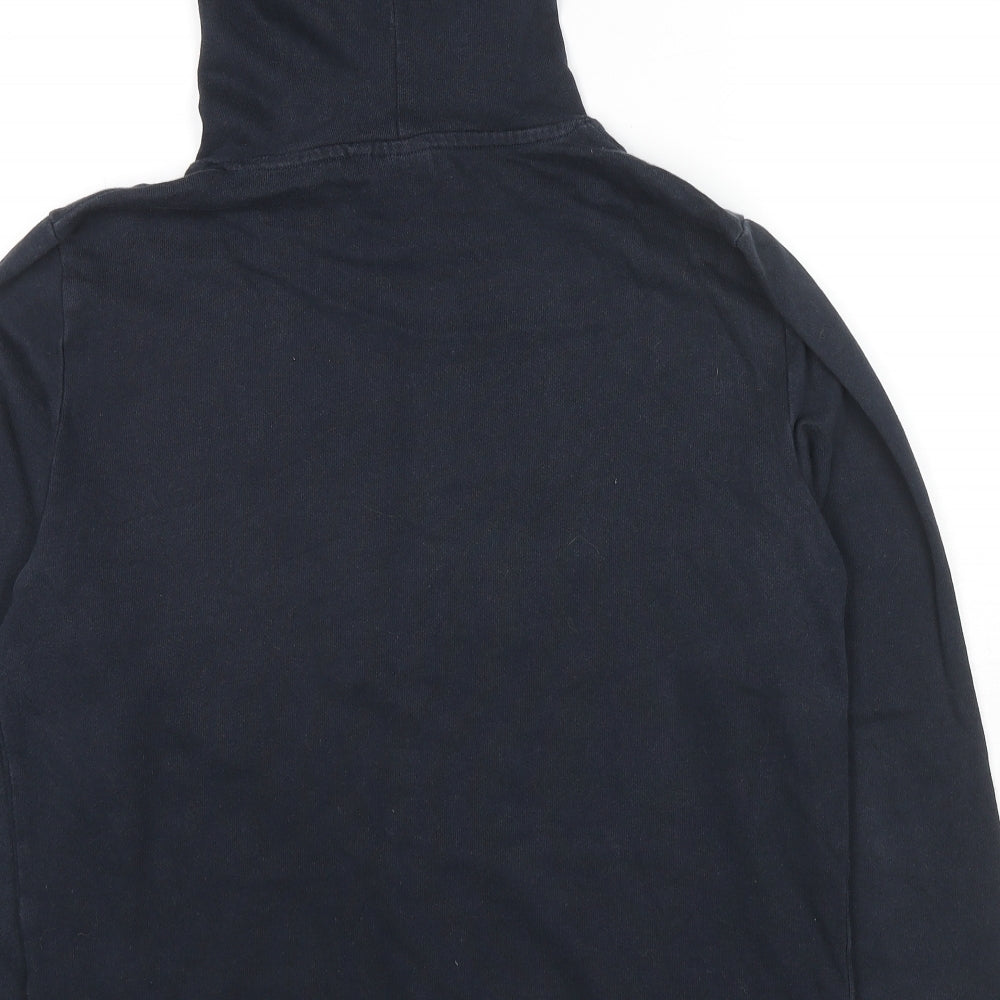 Brand and care label for ASOS men’s blue cotton pullover sweatshirt, size S